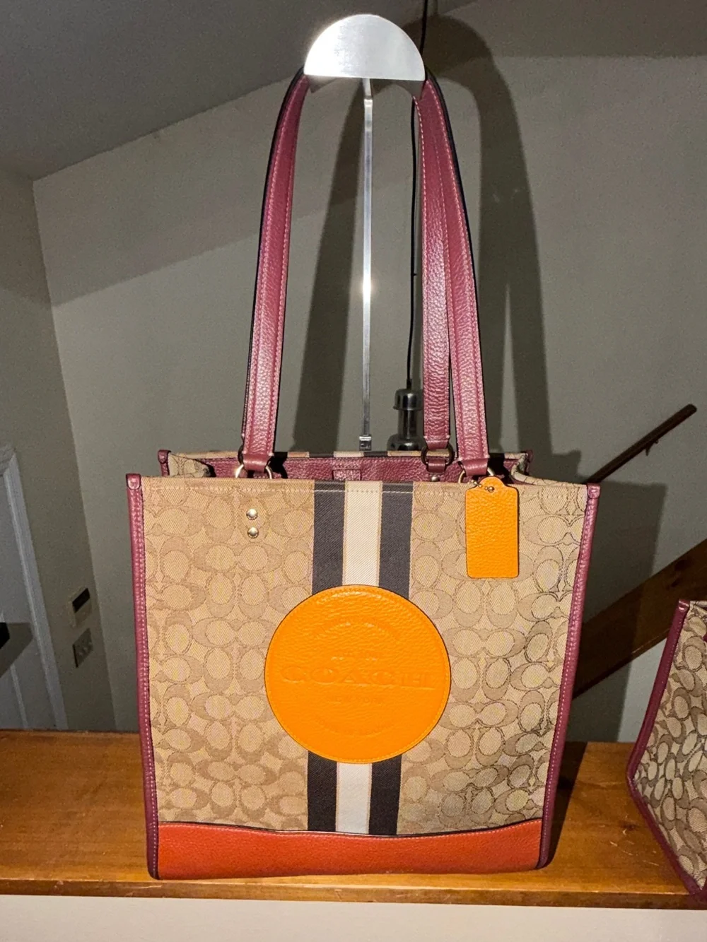 Coach Dempsey Tote 1917 Signature Jacquard Stripe Orange Burgundy